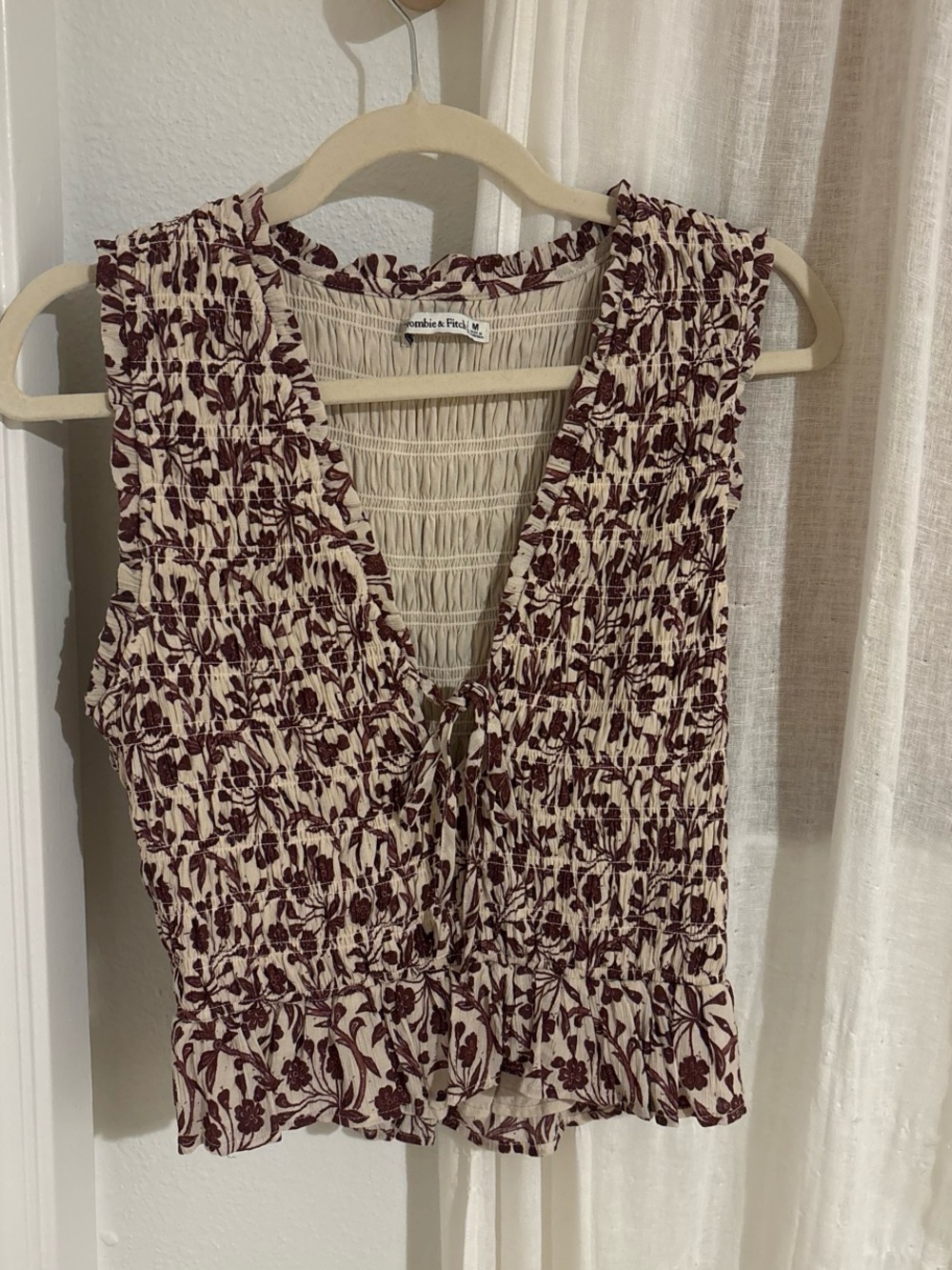 Abercrombie & Fitch Cream Smocked Tie-Front Blouse with Burgundy Floral Print